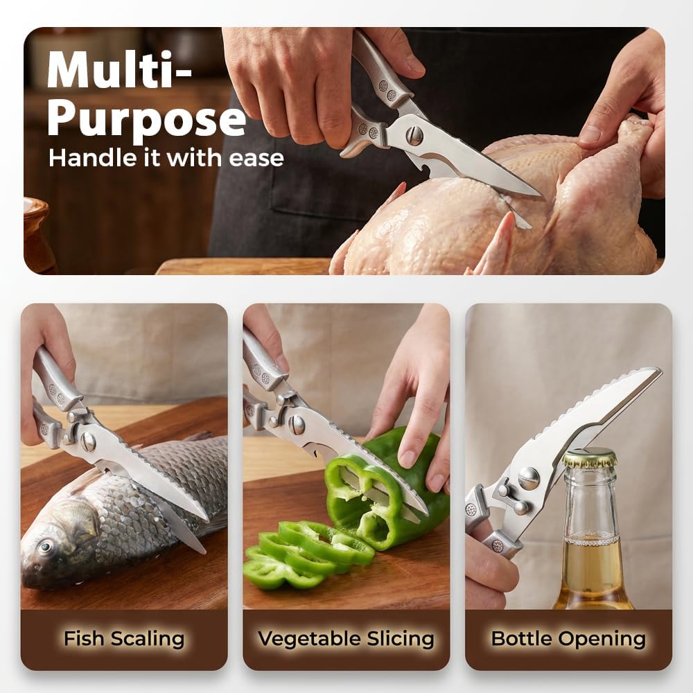 Heavy Duty Kitchen Scissors for Food, 2026 New Stainless Steel Bone Cut Kitchen Scissors Poultry Shears, Multi-Purpose Kitchen Shears for Meat Chicken Bone Fish Turkey Vegetables Seafood (1pc)