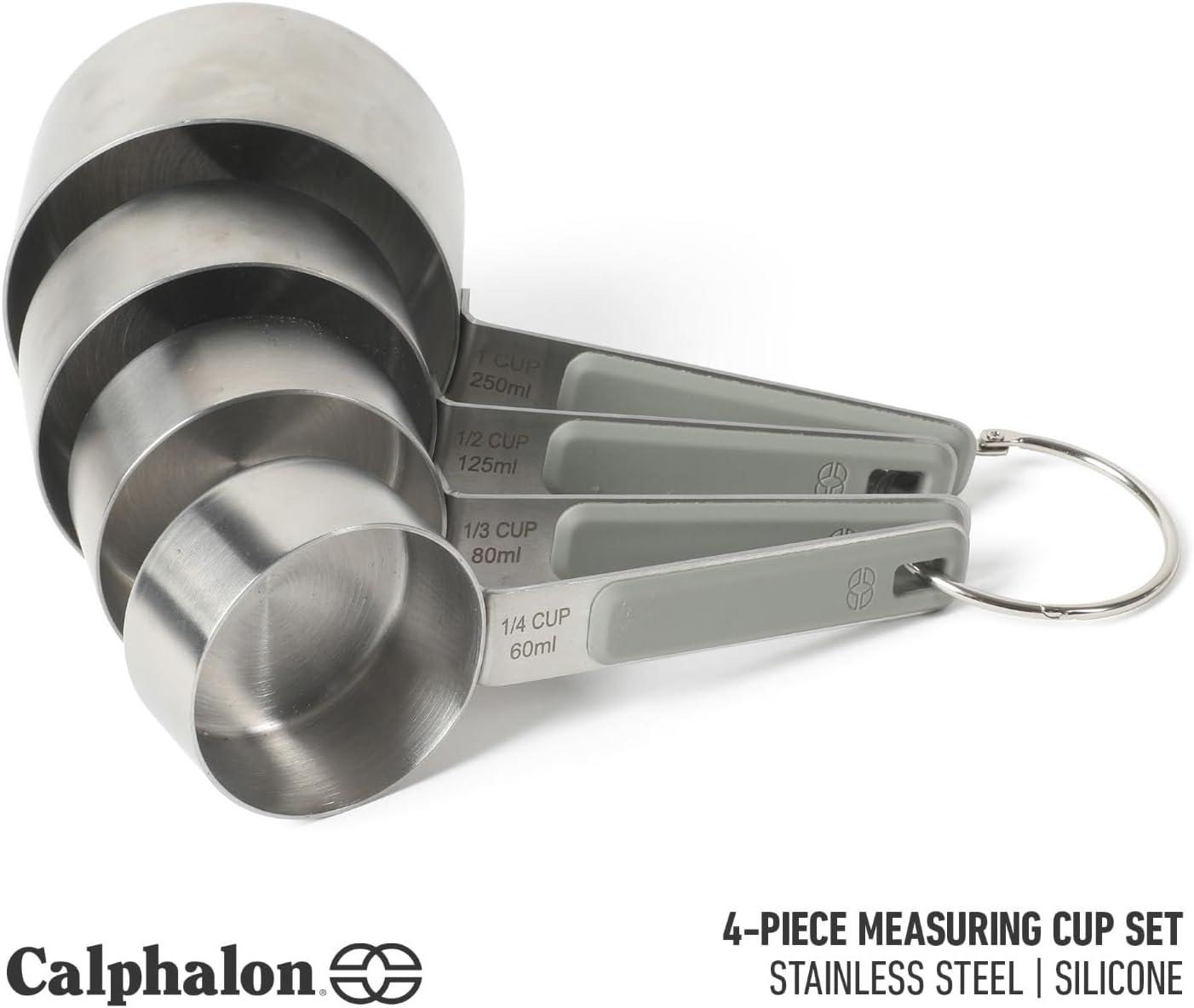 Calphalon Prime Measuring Cups, Kitchen Measurement Cup, 4-Piece Stainless Steel Kitchen Measuring Cup with Navy Silicone Handle Accurate, Durable for Dry and Liquid Ingredients