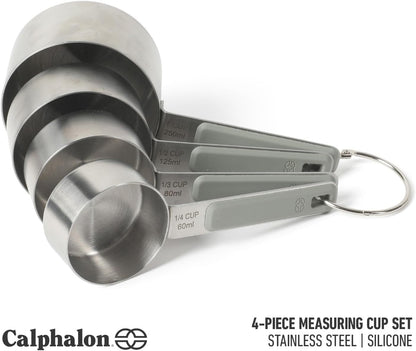 Calphalon Prime Measuring Cups, Kitchen Measurement Cup, 4-Piece Stainless Steel Kitchen Measuring Cup with Navy Silicone Handle Accurate, Durable for Dry and Liquid Ingredients