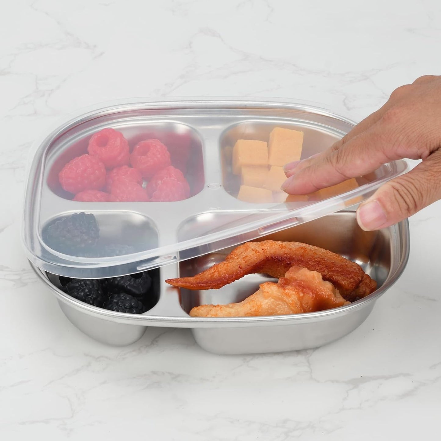 4-Pack Stainless Steel Divided Plates with Lids –Portion Control Meal Trays for Balanced Meals – BPA-Free, Shatterproof, Dishwasher Safe – Ideal for Home, Travel, School (Colorful-3-Section)