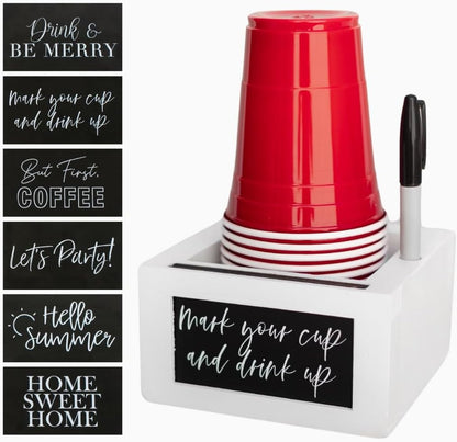 White Party Cup Holder with Marker Slot- Drink Caddy with Interchangeable Signs- Mark Your Cup and Drink Up-Hosting Essentials Wood Cup Dispenser- Brunch Supplies- Disposable Cup Holder Hostess Gifts