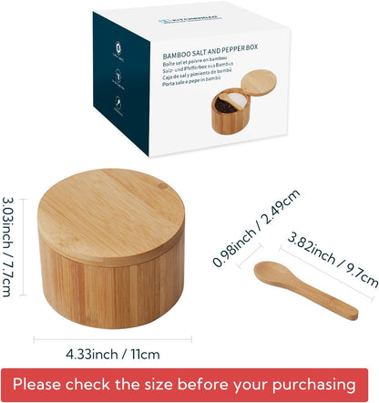 KITCHENDAO Acacia Wood Salt and Pepper Bowl Box, Built-in Spoon, Two Compartments Spice Seasoning Container, Sea Salt Cellar Holder, Magnetic Swivel Lid, Dual 5oz Capacity