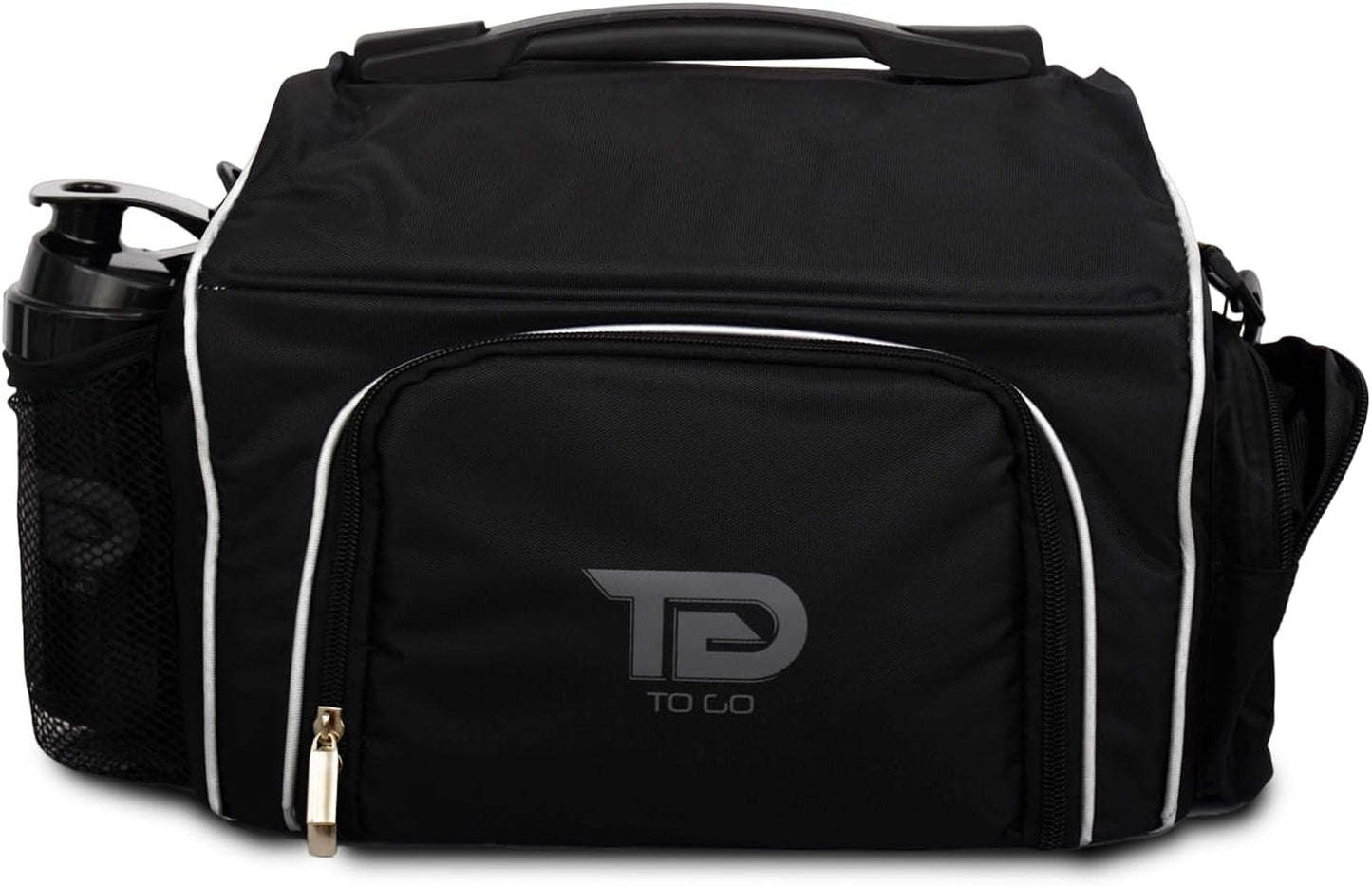 TO GO Meal Prep Bag Insulated Lunch Meals Bag W/6 Portion Control Containers,2 ICE PACKS, Shaker, Pill Box,With an Adjustable shoulder. bag for meals (Black)