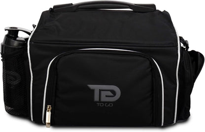 TO GO Meal Prep Bag Insulated Lunch Meals Bag W/6 Portion Control Containers,2 ICE PACKS, Shaker, Pill Box,With an Adjustable shoulder. bag for meals (Black)