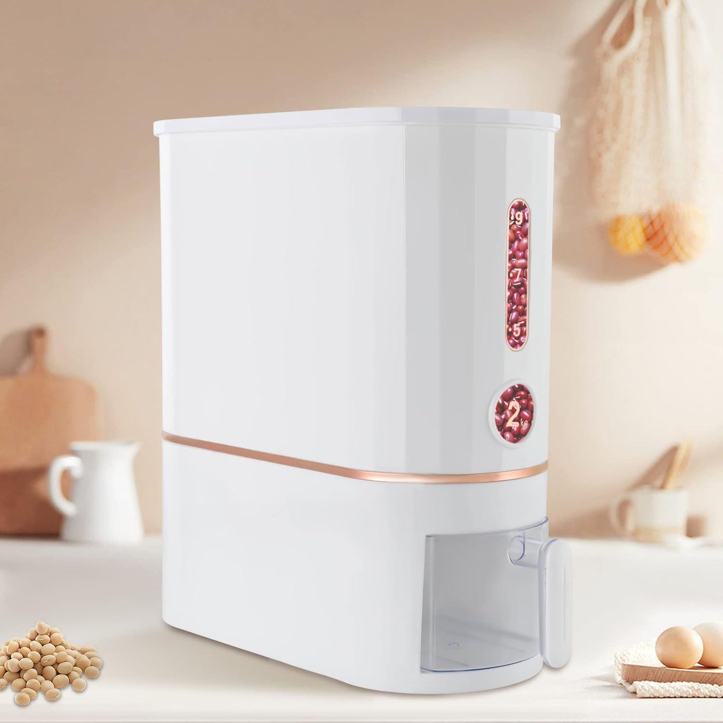 Rice Dispenser, 10KG/22Lbs Rice Container Cereal Dispenser with Lid & Measuring Cup, Grain Storage Organizer Rice Holder for Kitchen Countertop Dry Food, W7.4*D15.8*H15.7in