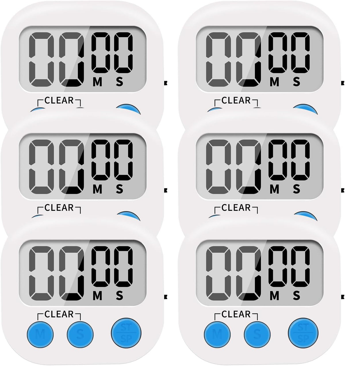 LinkDm 6 Pack Small Digital Kitchen Timer Magnetic Back and ON/Off Switch,Minute Second Count Up Countdown, White