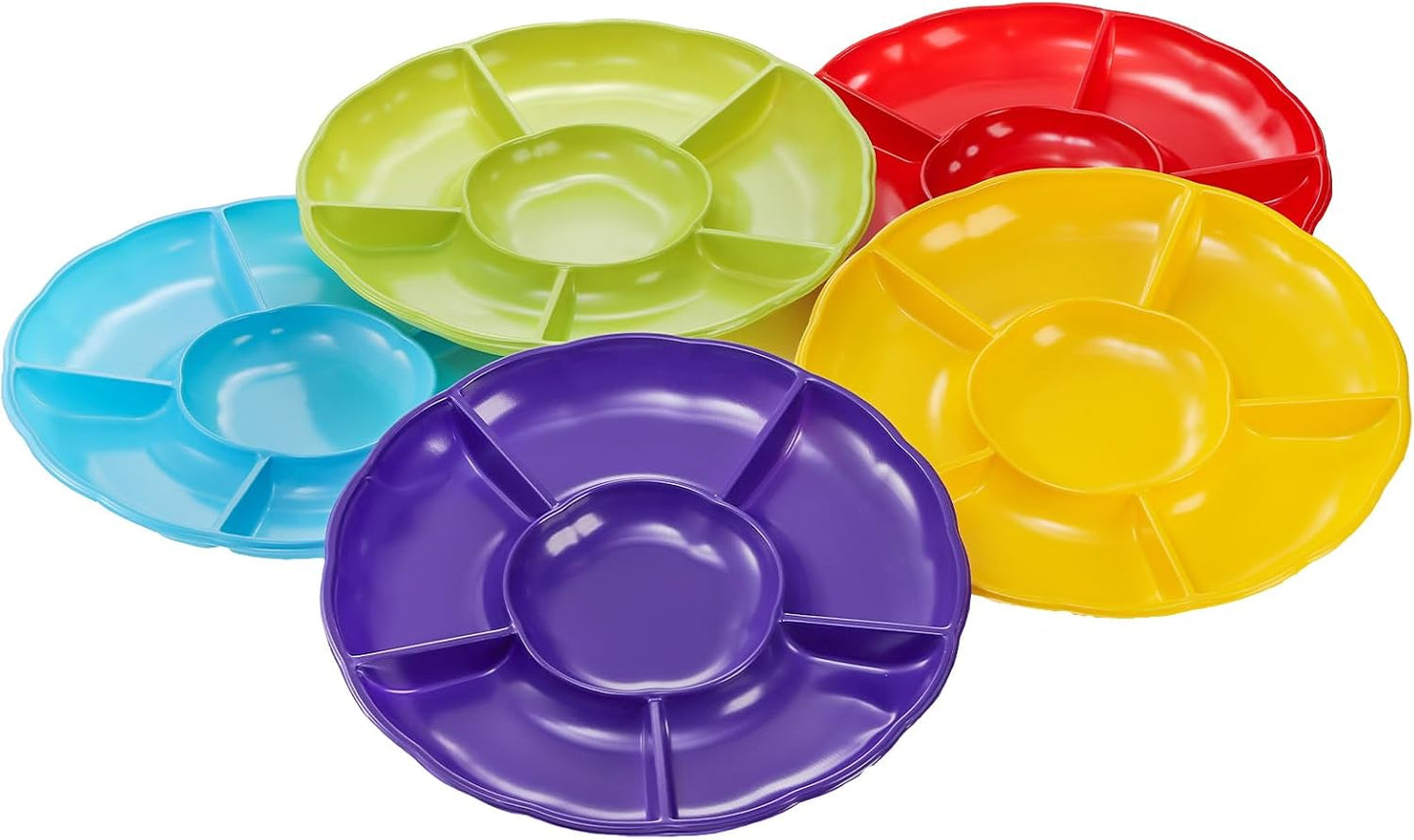 Frcctre 20 Pack Disposable Plastic Appetizer Serving Platter, 12 Inch 6 Sectional Divided Snack Nut Candy Veggie Fruit Dish Serving Platter Divided Food Tray
