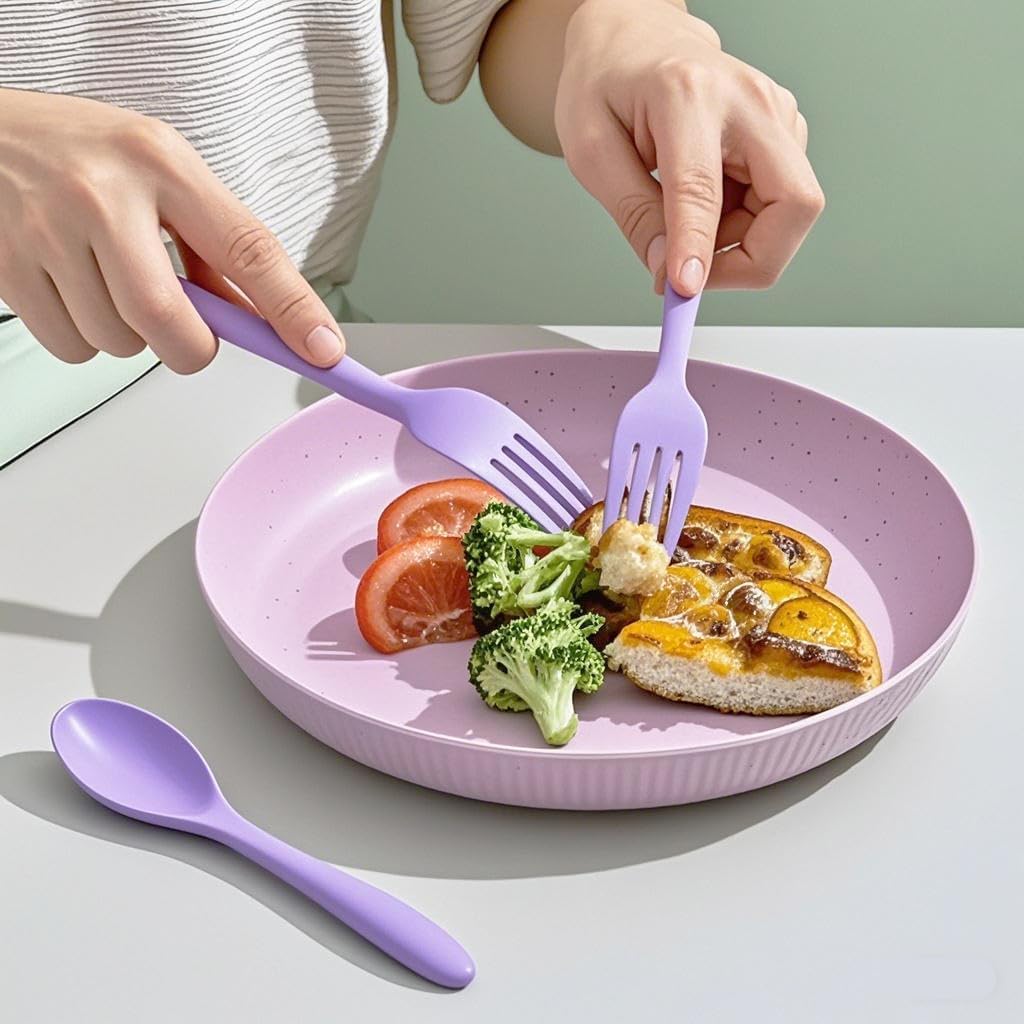 Travel Utensils Set - Reusable 5 Sets Wheat Straw Plastic Cutlery with Case, Portable Forks Spoons and Knives Set, Eco-Friendly BPA Free for Daily Use (5 Purple)