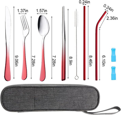 Travel Utensils Set with Case Reusable Portable Cutlery Set Stainless Steel 8pcs Including Dinner Knife Fork Spoon Chopsticks Straws(Rainbow)