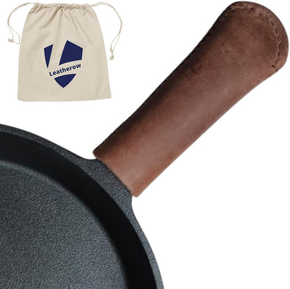 Leather Cast Iron Skillet Handle Cover, Heat Resistant Pan Grip Sleeve for Frying Pans, Dutch Oven & Griddles, Safe Non-Slip Cooking Handle Protector, Brown (Handle Cover Curve)