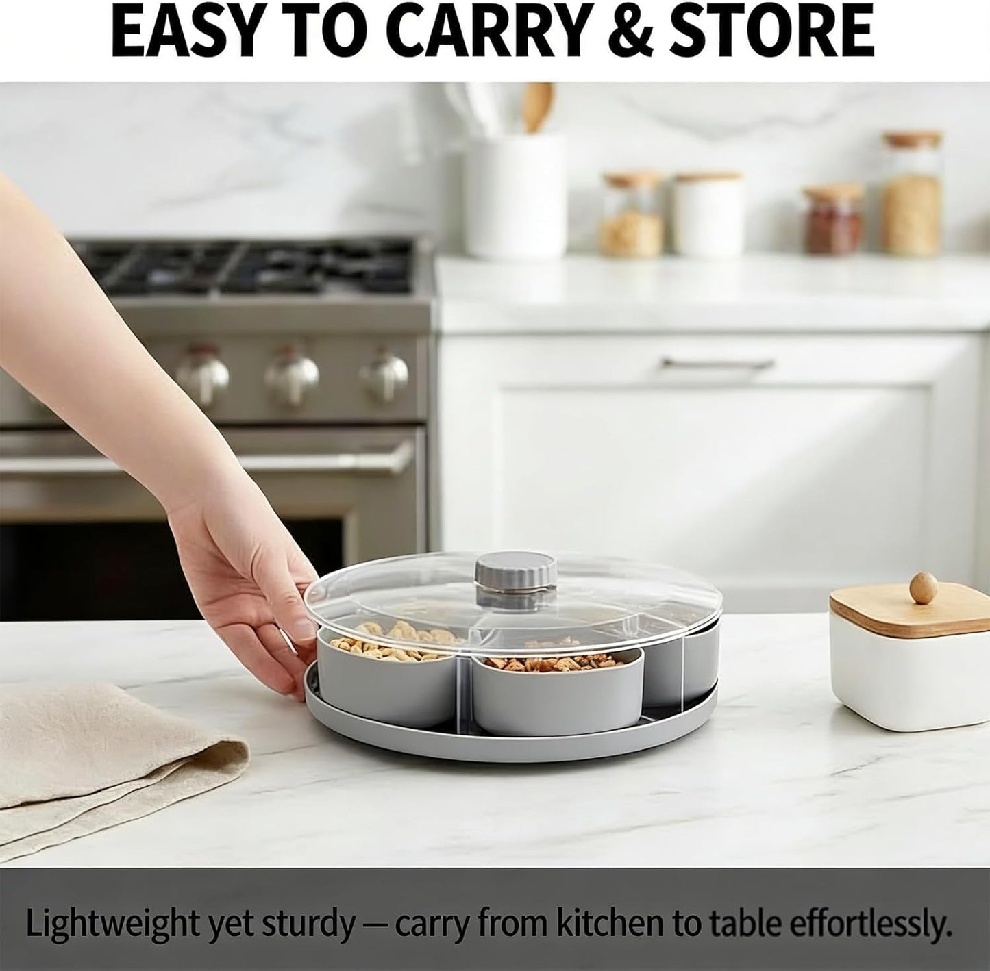 Divided Spin Snack Tray, New 5-Compartment Rotating Snack Tray, Rotating Snack Box Container with Lid, Perfect for Snacks, Fruit & Party Appetizers (Grey)