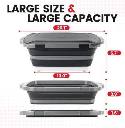 BBQ Prep Tub 3-IN-1 Large 16L Collapsible Cutting Board with Locking Lid for Meal Prep Marinating Food, Camping Sink with Colander, Dish Basin, Storage Blanket for Camping Picnic BBQ, Black