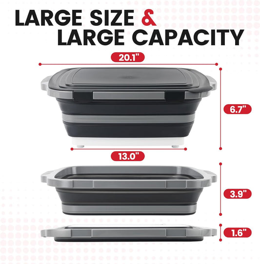 BBQ Prep Tub 3-IN-1 Large 16L Collapsible Cutting Board with Locking Lid for Meal Prep Marinating Food, Camping Sink with Colander, Dish Basin, Storage Blanket for Camping Picnic BBQ, Black