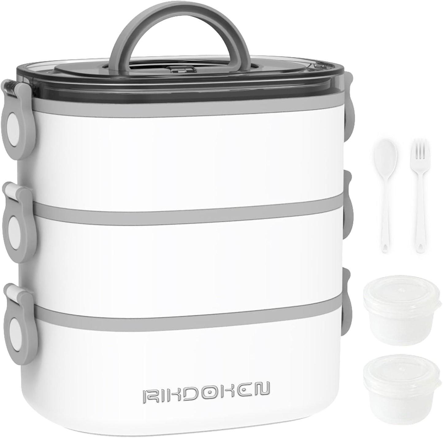RIKDOKEN Lunch Box, Stackable 3 Layers Containers, Portable 94OZ Large Capacity Leakproof Bento Box with Spoon & Fork & Sauce Boxes, Microwave Safe Lunch Box for Kids and Adults