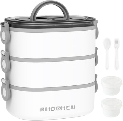 RIKDOKEN Lunch Box, Stackable 3 Layers Containers, Portable 94OZ Large Capacity Leakproof Bento Box with Spoon & Fork & Sauce Boxes, Microwave Safe Lunch Box for Kids and Adults