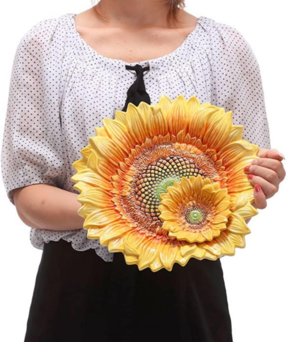 Ceramic Chip & Dip Platter,11 inches Double Layer Hand-painted Yellow Decorated Plate -Sunflower