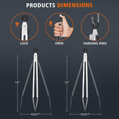 Hotec Stainless Steel Kitchen Tongs, Set of 3-7", 9" and 12", Locking Metal Food Tongs for Cooking, Serving, BBQ, Grill with Non-Slip Grip