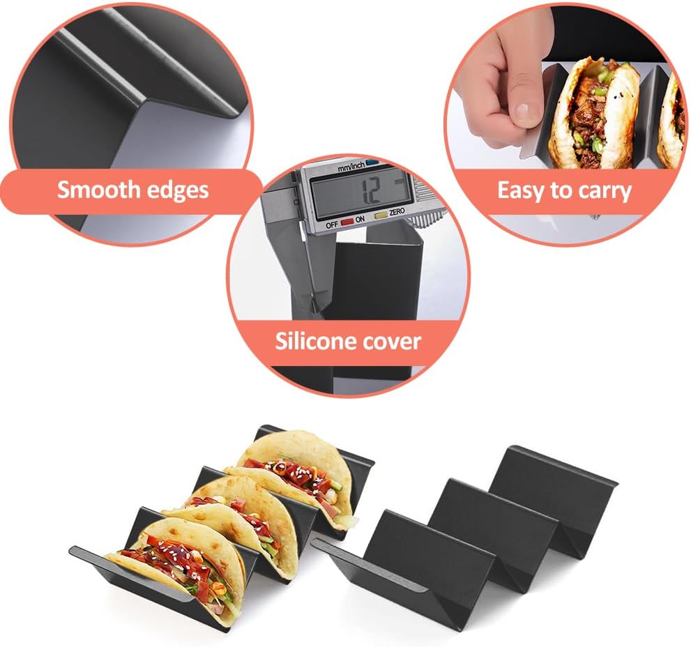 Black Taco Holder Stand,Set of 6 Stainless Steel Taco Tray,Stylish Taco Shell Holders,Rack Holds Up to 3 Tacos Each Keeping Shells Upright,Health Material Taco Rack by RTT -Oven,Grill Dishwasher Safe