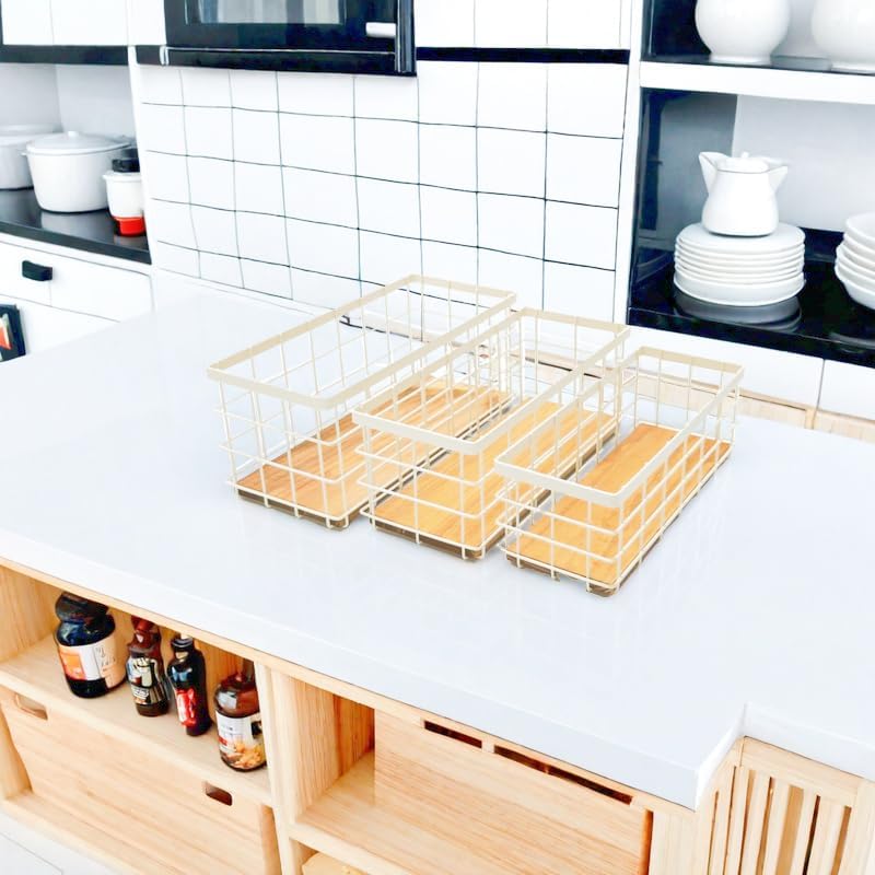 TIEYIPIN Farmhouse Decor Metal Wire Storage Baskets, Wood Base Containers Organizing Basket Caddy Bin for Kitchen Cabinets, Bathroom, Pantry, Garage, Laundry Room, Closets - Small - Black (Set of 3)