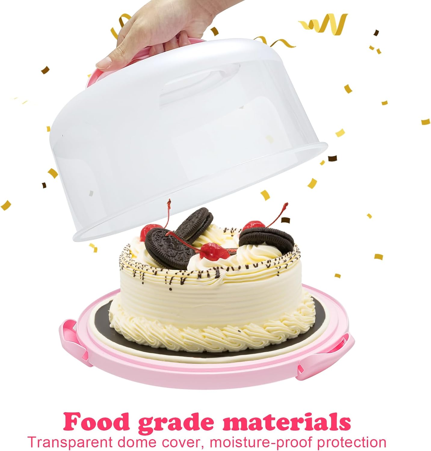 Cake Carrier with Lid and Handle, Fit 10’’ Cake Stand with Lid, Cake Transport Storage Container, Cake Containers Cover Stand with Lids, 3 Secure Side Closures (White)