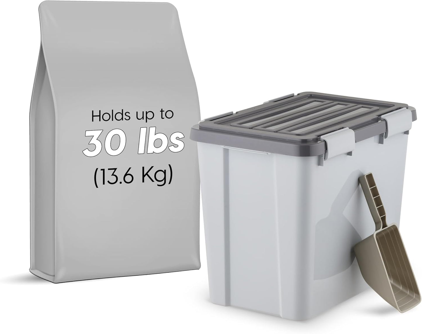 IRIS USA Stackable Dog Food Storage Container with 2 Cup Scoop, 4 Secure Latches, Fits up to 30 lbs, Pet Dry Food Bin, Gasket Seal Lid, BPA Free, Stackable, Easy Measure, White