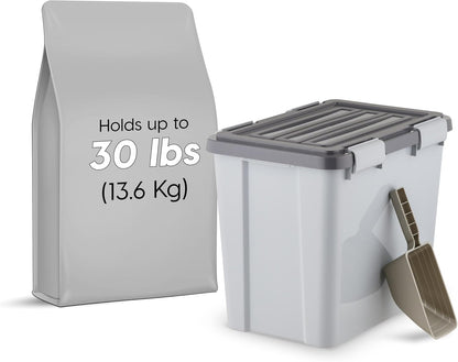 IRIS USA Stackable Dog Food Storage Container with 2 Cup Scoop, 4 Secure Latches, Fits up to 30 lbs, Pet Dry Food Bin, Gasket Seal Lid, BPA Free, Stackable, Easy Measure, White