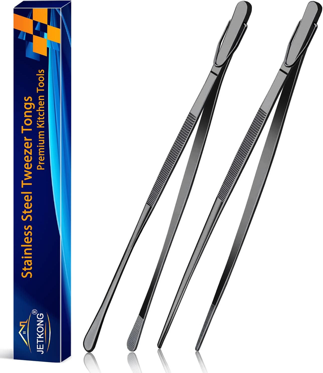 JETKONG 2 Pcs 12-Inch Kitchen Tweezers Fine Tweezer Tongs, Extra-Long Stainless Steel Cooking Tweezers (Silver)