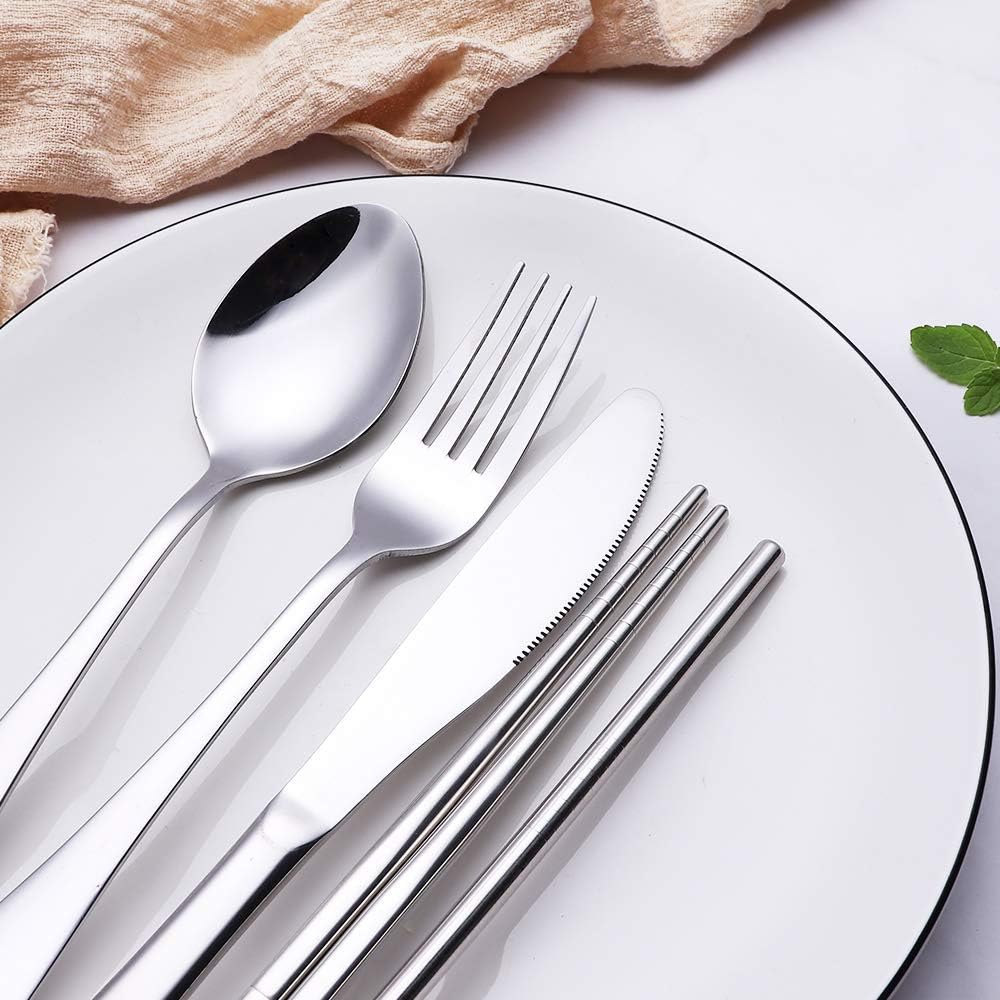Portable Stainless Steel Flatware Set, Travel Camping Cutlery Set, Portable Utensil Travel Silverware Dinnerware Set with a Waterproof Case (Pink)