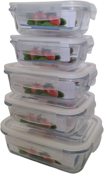 Rectangular Glass Food Storage Containers with Airtight Lids, 5-Piece Set – 34oz, 22oz, 13oz Meal Prep & Leftover Containers, Oven Microwave Freezer Dishwasher Safe
