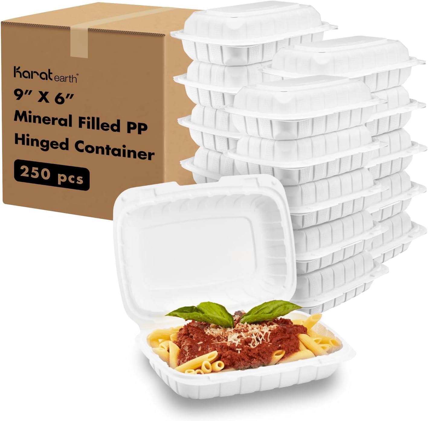 KARAT EARTH Clamshell Take Out Food Containers [8"x8" - 200 ct] To Go Containers | 3 Compartment, Soak-Resistant, Durable, Stackable | Vented for Hot/Cold Foods, White