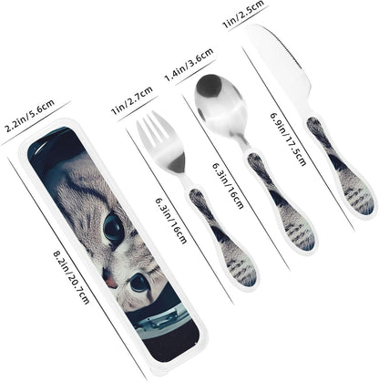 3-Piece Kids Silverware Set With Storage Case, Stainless Steel Reusable Children Safe Knife Spoon Fork Set Astronaut Cat Fish Children Flatware Set For Kids Lunch Box