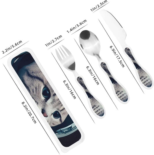 3-Piece Kids Silverware Set With Storage Case, Stainless Steel Reusable Children Safe Knife Spoon Fork Set Astronaut Cat Fish Children Flatware Set For Kids Lunch Box