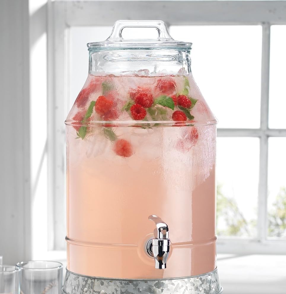 3 Gallon Glass Drink Dispenser with Metal Stand & Lid – Hammered Beverage Dispenser with Leakproof Spigot, Wide Mouth for Easy Fill – Ideal for Parties, Lemonade, Iced Tea, Sangria & More