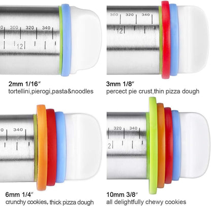 Stainless Steel Rolling Pin & Baking Mat Set with Adjustable Thickness Ring