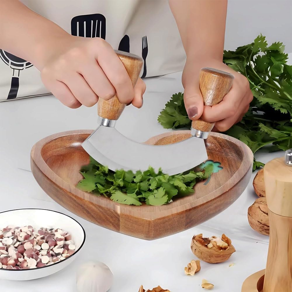 Salad Chopper With Round Wood Cutting Board - Mezzaluna Knife with Protective Cover and Anti-Slip Handle Stainless Steel Chopper Vegetable Cutter Onion Chopper Mincing Knife Pizza Cutter