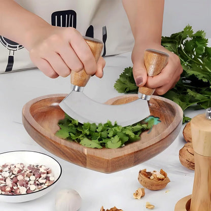 Salad Chopper With Round Wood Cutting Board - Mezzaluna Knife with Protective Cover and Anti-Slip Handle Stainless Steel Chopper Vegetable Cutter Onion Chopper Mincing Knife Pizza Cutter