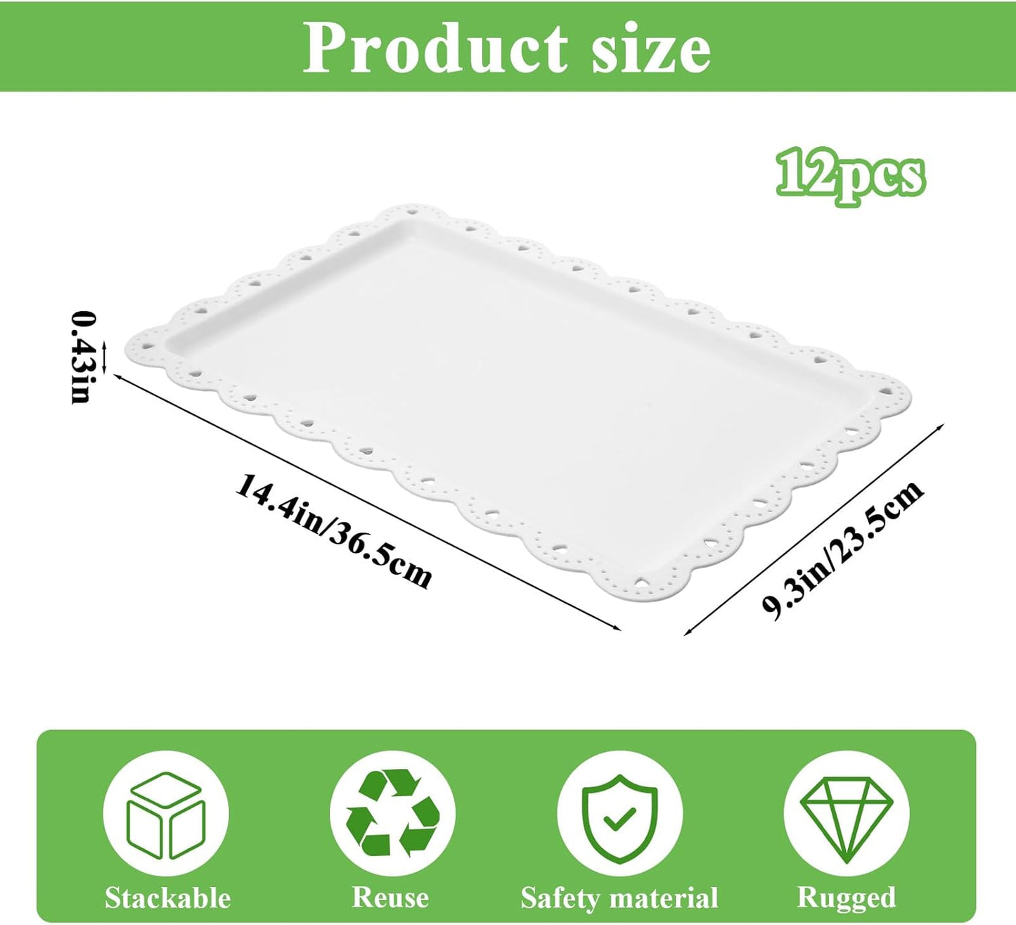 12-Pack White Serving Tray Set, 14.4" X 9.3" Rectangle Disposable Plastic Platters for Cookies, Desserts, Appetizers, Party, Wedding, Catering & Restaurant Use