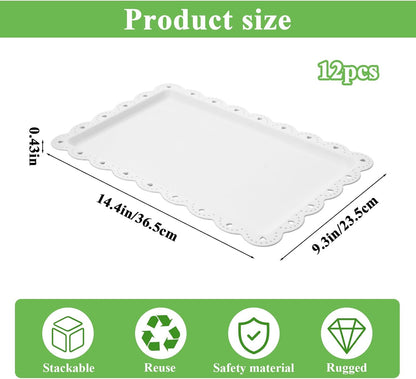 12-Pack White Serving Tray Set, 14.4" X 9.3" Rectangle Disposable Plastic Platters for Cookies, Desserts, Appetizers, Party, Wedding, Catering & Restaurant Use