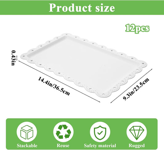12-Pack White Serving Tray Set, 14.4" X 9.3" Rectangle Disposable Plastic Platters for Cookies, Desserts, Appetizers, Party, Wedding, Catering & Restaurant Use