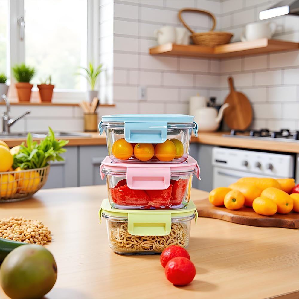 16oz Square Glass Food Storage Containers With Lids, 2 Cup Square Glass Food Containers With Lids, BPA free Small Meal Prep Bowls for leftovers, Dishwasher, Freezer Safe (8Pack)