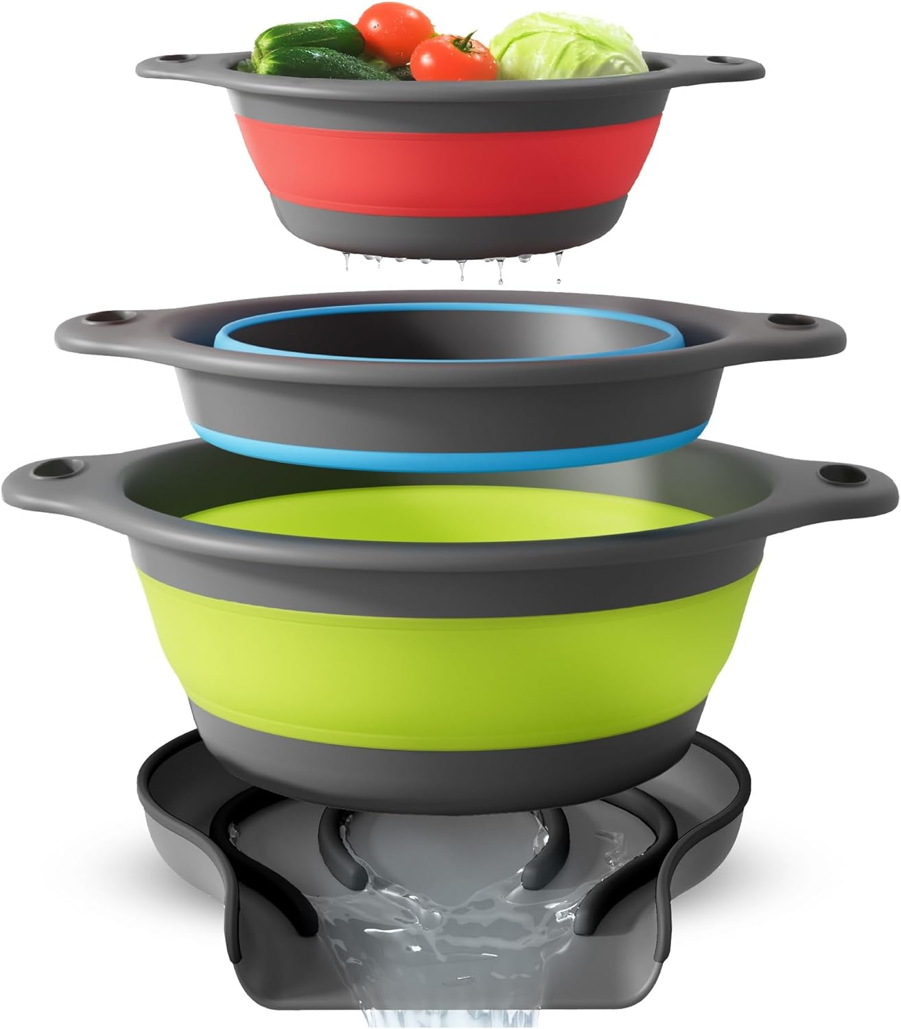 Gevoli 3-Pack Collapsible Colanders with Self-Draining Base, Over Sink-edge Silicone Food Strainers, Small/Med/Large Sizes, Nesting for Easy Compact Storage (3Qt, 4Qt, 5-Quart Set) Green/Gray