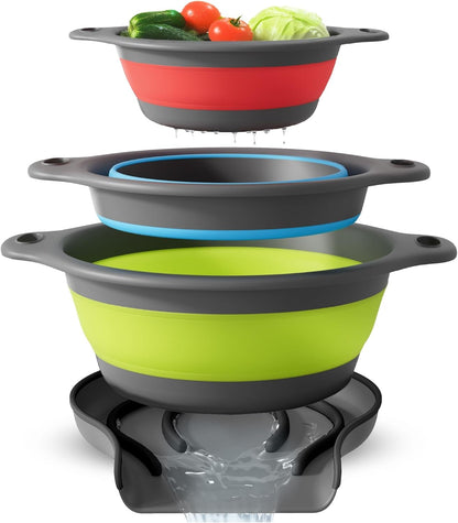 Gevoli 3-Pack Collapsible Colanders with Self-Draining Base, Over Sink-edge Silicone Food Strainers, Small/Med/Large Sizes, Nesting for Easy Compact Storage (3Qt, 4Qt, 5-Quart Set) Green/Gray