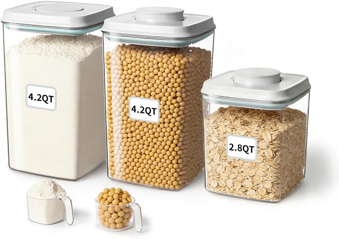 Airtight Food Storage with One-Touch Lid, (3 × 1.27 QT / 1.2 L) Stackable Durable PET for Sugar, Grains, Coffee Beans, and Baking Pantry Organization