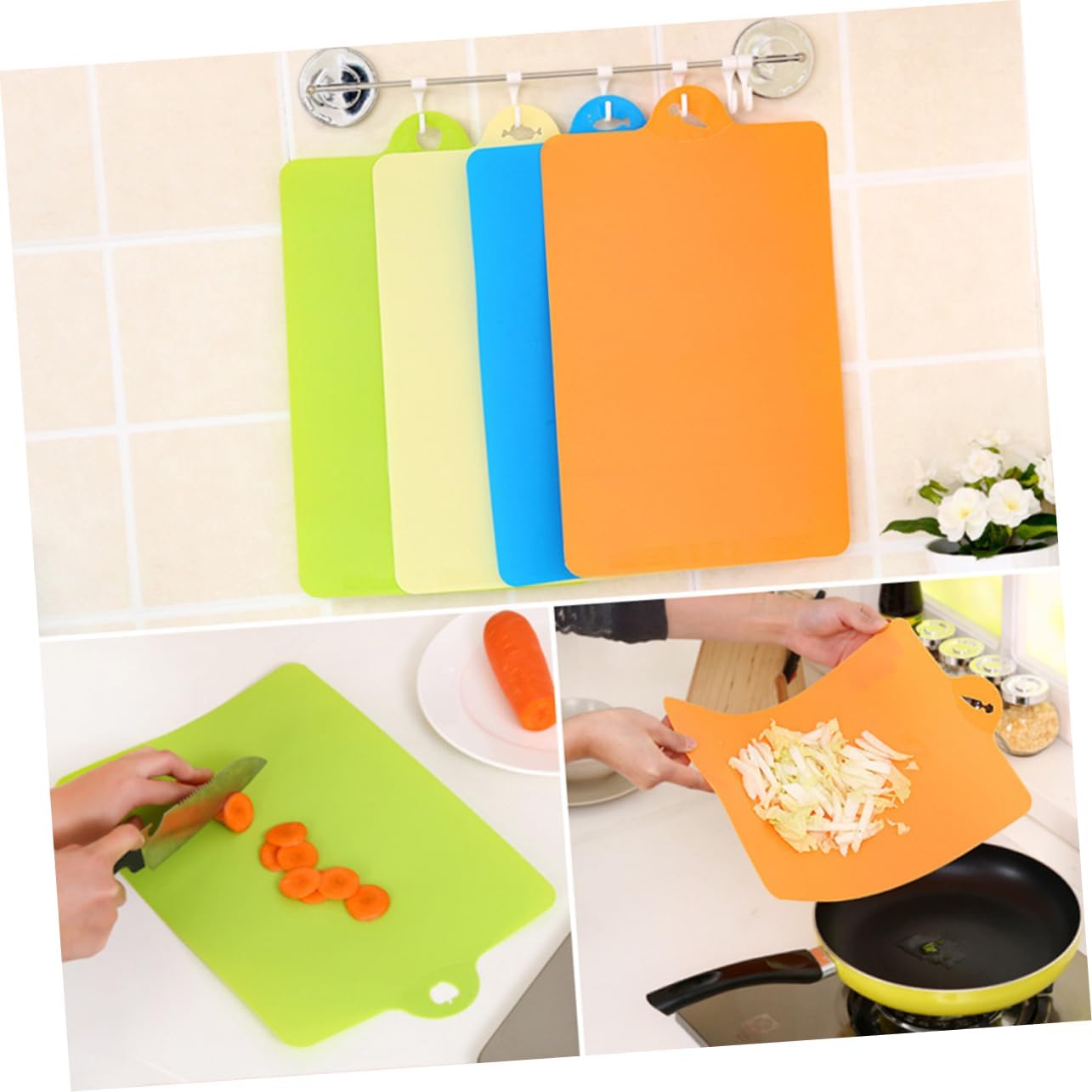 4pcs Flexible Cutting Board Non-slip Textured and Kitchen Mats for Easy Food Transfer for Chopping Fruits Meat Vegetables and Fish Includes Blue Green Beige and Orange