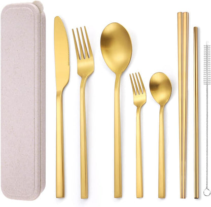 AARAINBOW 8 Pieces Stainless Steel Flatware Set Portable Reusable Cutlery Set Travel Utensils Set Including Chopsticks Knife Fork Spoon Straws Cleaning Brush Dishwasher Safe (Pink Golden)