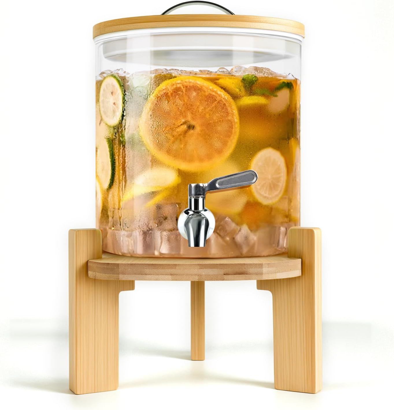 Beverage Dispenser 2.1 Gallon, Glass Drink Dispenser with Stand, Drink Dispensers for Parties, Beverage Dispenser with Wood Stand, Stainless Steel Spigot, for Parties,Bars,Restaurants (2.1 Gallons)