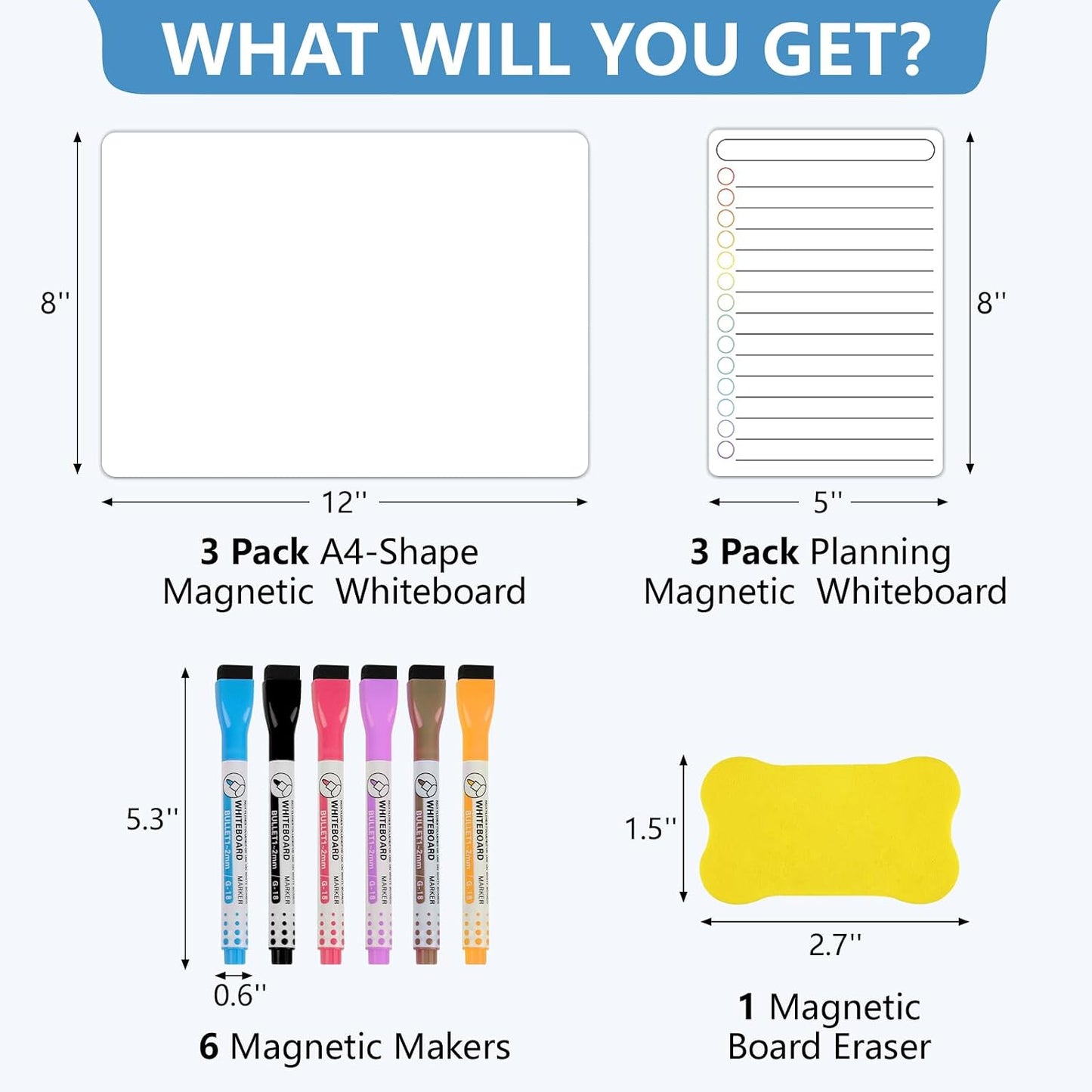 6 Pack Magnetic Dry Erase Board, 3 Pack 8'' x 12'' & 3 Pack 5'' x 8'' Magnetic Whiteboard for Fridge, Magnetism Notepad for Fridge with 6 Markers, 1 Eraser