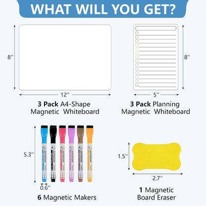 6 Pack Magnetic Dry Erase Board, 3 Pack 8'' x 12'' & 3 Pack 5'' x 8'' Magnetic Whiteboard for Fridge, Magnetism Notepad for Fridge with 6 Markers, 1 Eraser