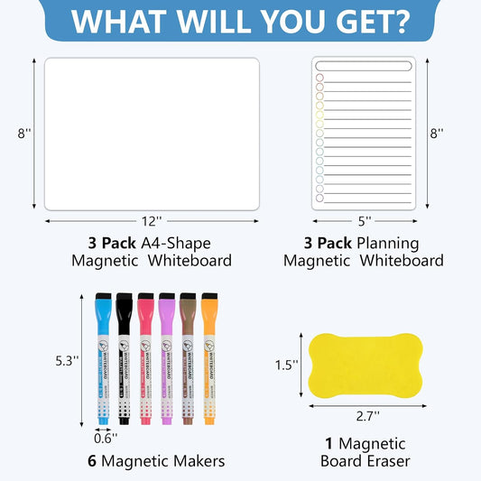 6 Pack Magnetic Dry Erase Board, 3 Pack 8'' x 12'' & 3 Pack 5'' x 8'' Magnetic Whiteboard for Fridge, Magnetism Notepad for Fridge with 6 Markers, 1 Eraser