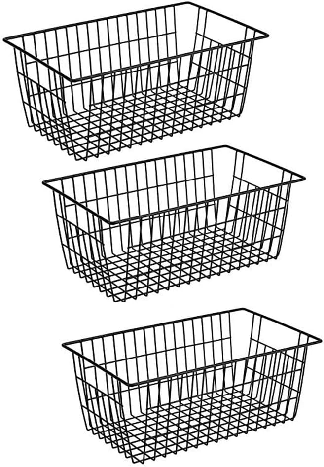 Slideep Wire Baskets Farmhouse Freezer Organizer Storage Bin Basket with Handles, Food Storage for Kitchen Cabinets, Pantry, Closet, Bedroom, Bathroom, Office 3 Pack